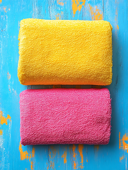 Folded Yellow and Pink Towels On Blue Wood