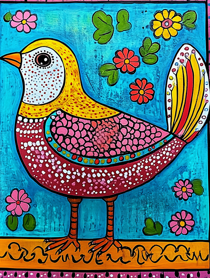Folk Art Bird With Flowers