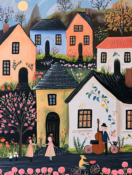 Folk Art Village Scene with Musicians and Children Playing