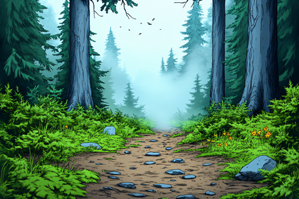 Forest Path Through Misty Woods