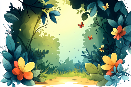 Forest Path With Flowers And Butterflies