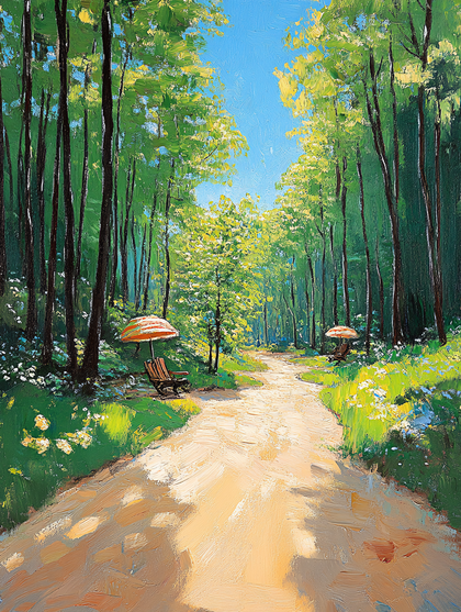 Forest Path With Resting Chairs