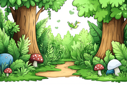 Forest Scene With Bird And Mushrooms