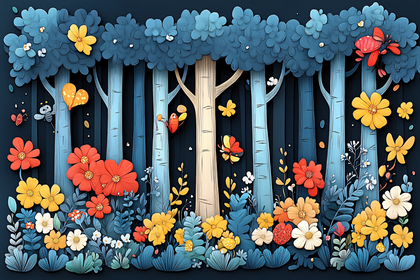 Forest Scene with Flowers and Butterflies