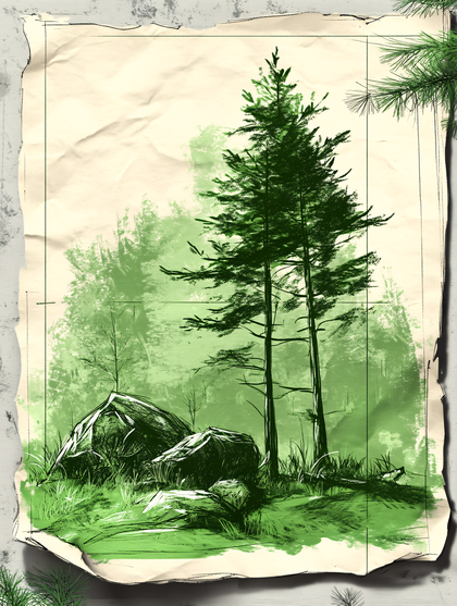 Forest Scene With Pine Trees And Rocks