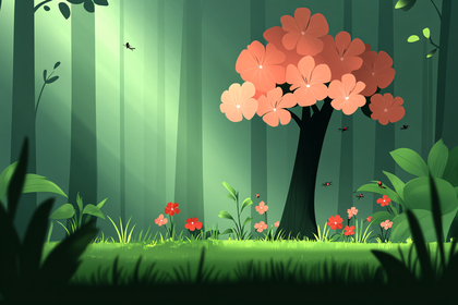 Forest Scenery with Blooming Tree