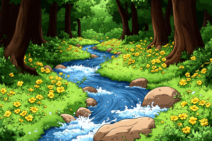 Forest Stream With Yellow Flowers