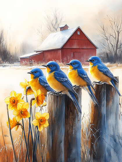 Four Bluebirds And Daffodils