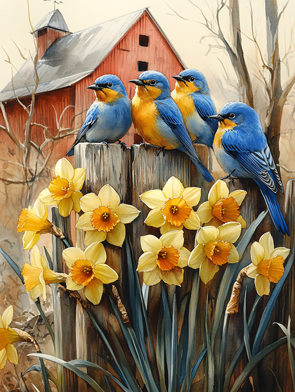 Four Bluebirds Perched on a Fence with Daffodils