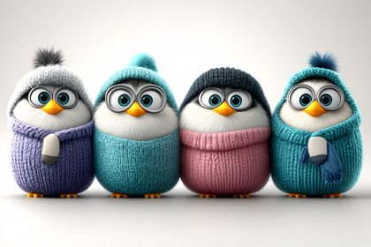 Four Cartoon Penguins in Winter Outfits