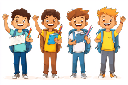 Four Cheerful Schoolboys With Backpacks