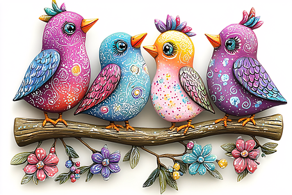 Four Colorful Birds On A Branch