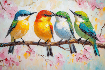 Four Colorful Birds on a Branch