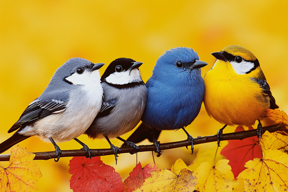 Four Colorful Birds On Branch