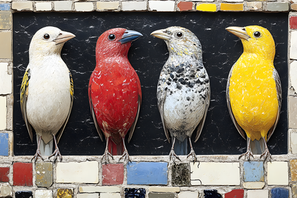 Four Colorful Birds on Mosaic Wall