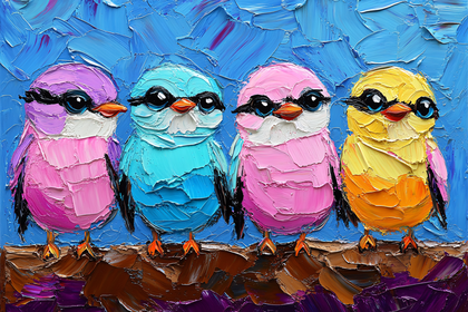Four Colorful Birds Perched on a Branch