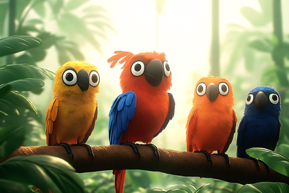 Four Colorful Cartoon Parrots On Branch