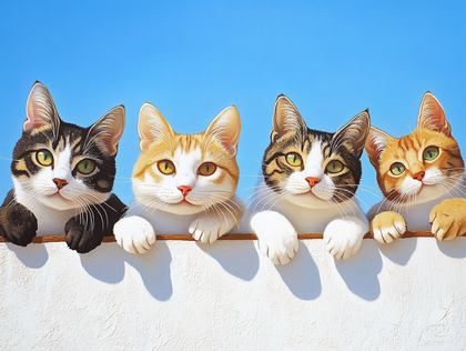 Four Curious Cats Peeking Over a Wall