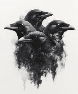 Four Ravens Emerging From Smoke