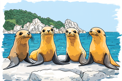 Four Sea Lions On Rocky Shore