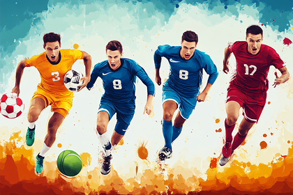 Four Soccer Players Running with Balls