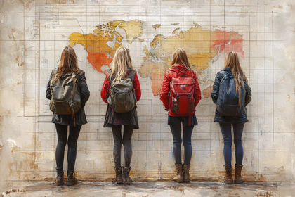 Four Travelers Contemplating a World Map