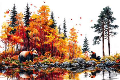 Fox and Panda in Autumn Forest