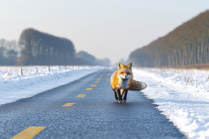 Fox On Winter Road