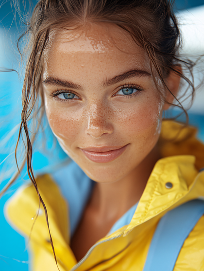 Free Download Young Woman with Freckles and Wet Hair in Yellow Raincoat