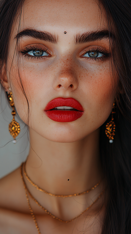 Freckled Beauty with Red Lips and Gold Jewelry