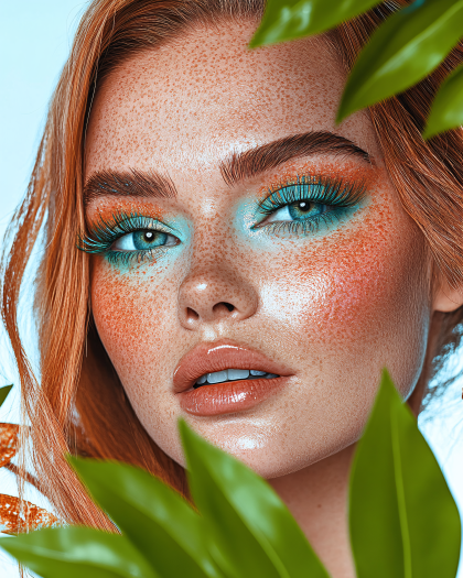 Freckled Beauty with Vibrant Makeup and Leaf Frame