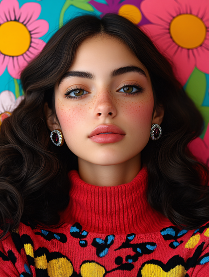 Freckled Brunette in Red Turtleneck