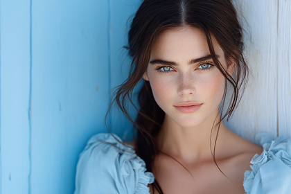 Freckled Woman Leaning Against Blue Wall