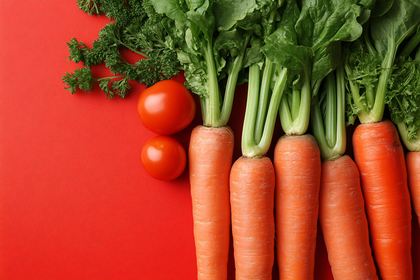 Fresh Carrots and Tomatoes on Red Background