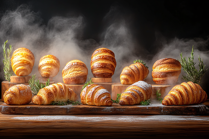 Freshly Baked Croissants On Wooden Board