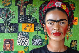 Frida Kahlo Portrait with Floral Headband and Green Background