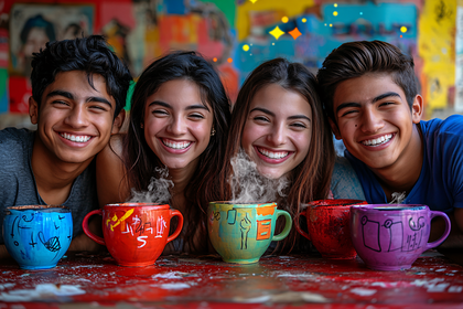 Friends with Smiling Faces and Colorful Mugs