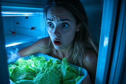 Frightened Woman Discovering Bugs in Lettuce