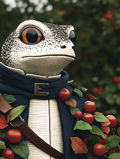 Frog in Blue Coat with Berries