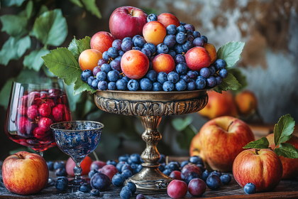 Fruit Still Life with Apples, Plums, and Grapes