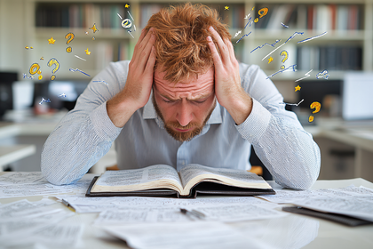 Frustrated Man Studying With Symbols Above Head