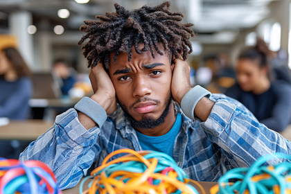 Frustrated Man with Tangled Cables