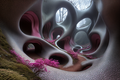 Futuristic Biomorphic Architecture In Foggy Forest
