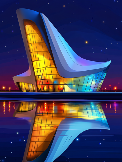 Futuristic Building at Night Reflection