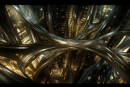 Futuristic Cityscape with Flowing Metallic Structures