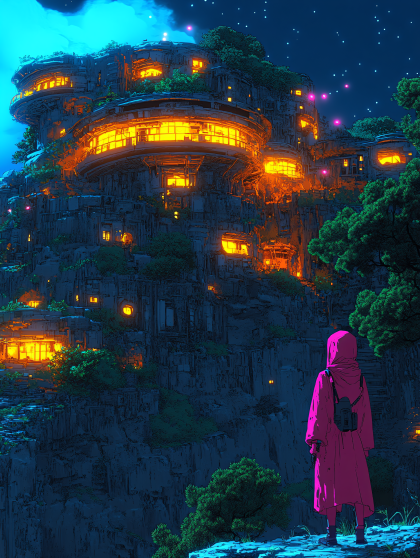 Futuristic Cliffside City at Night