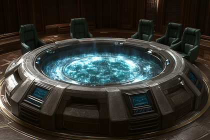 Futuristic Council Chamber With Illuminated Central Console