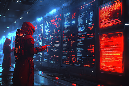 Futuristic Hacker Inspecting Data Streams