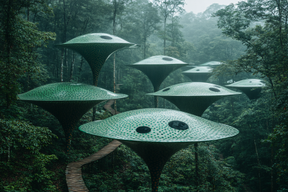 Futuristic Mushroom Domes in a Forest