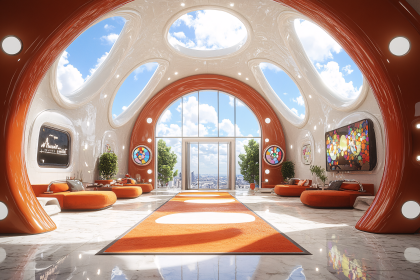 Futuristic Orange Living Room with City View